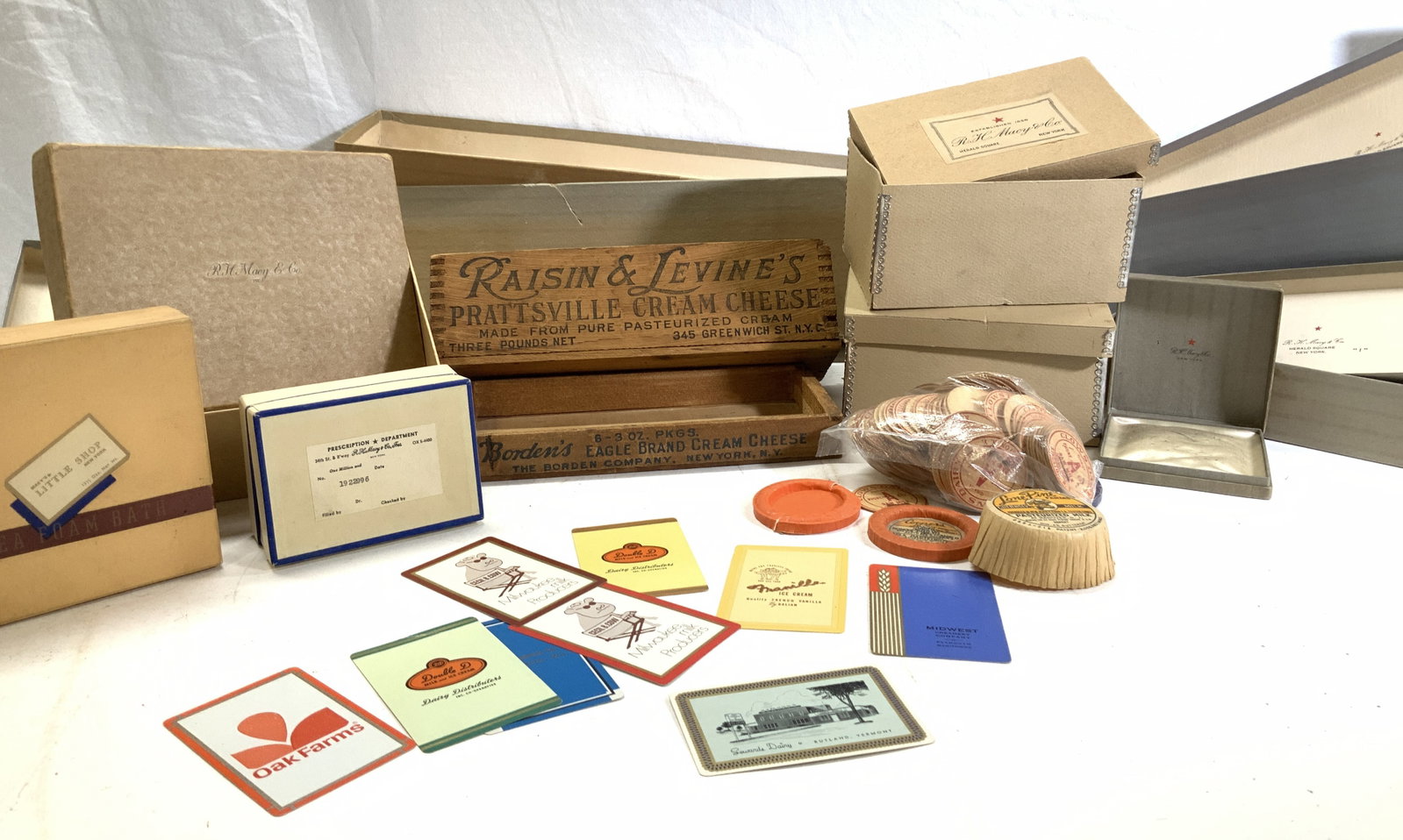 Retro R.H.Macys Boxes, Milk Crates, Cards, 15+: A group of retro R.H. Macys & Co gift boxes from the Herald Square , NY original and first department store Location, paper labels or stamp under the lids, possibly c. 1950s. 19 x 6.5 x 5.75 in. is th