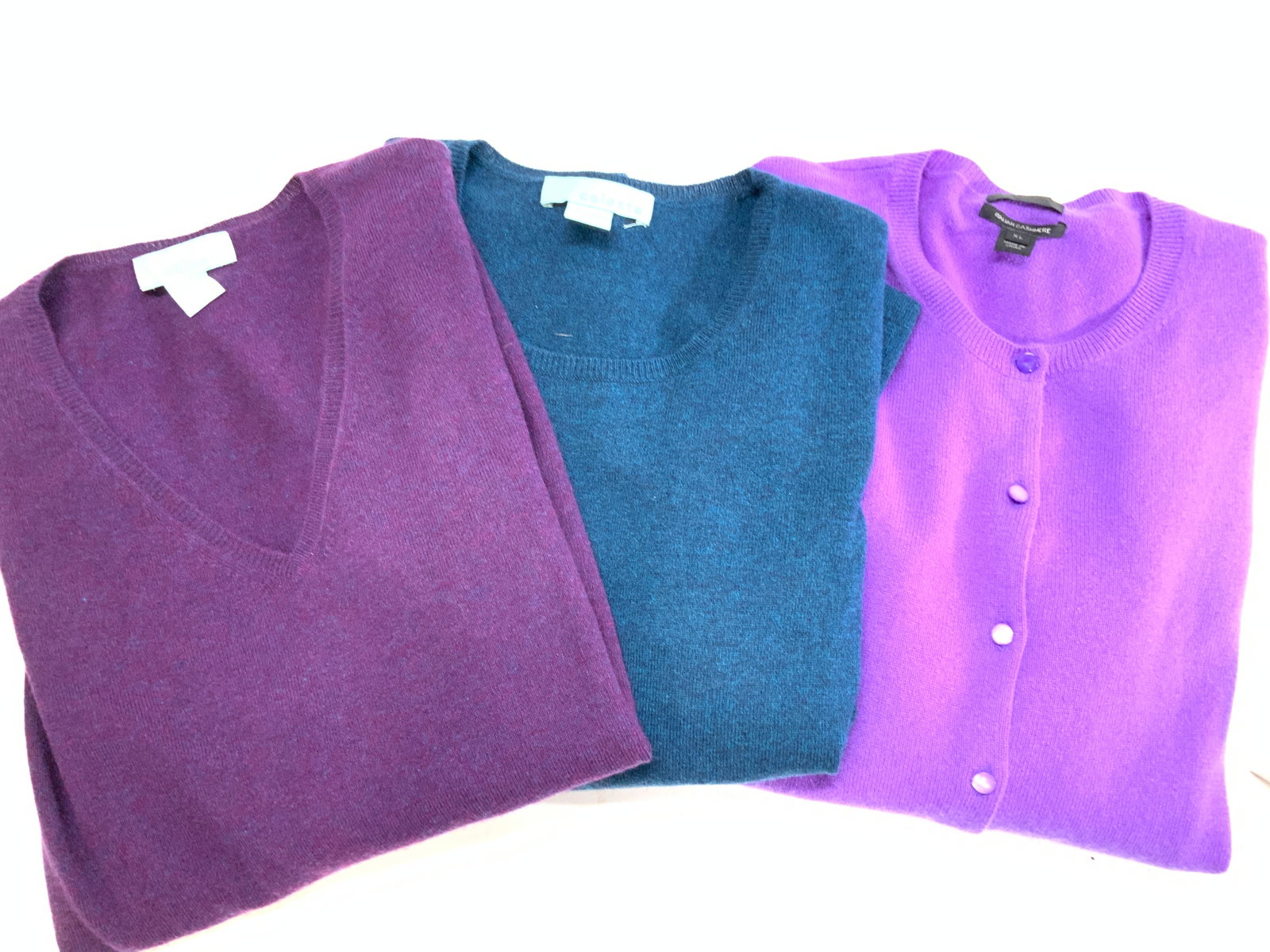 Lot 3 Cashmere Sweaters, Celeste, J.Crew: J.Crew Italian Cashmere Button down cardigan in bright purple, size XL. Celeste long tunic sweater in dark plum , size XL. Celeste long tunic sweater in dark teal, size XL. Cashmere Cardigan, J Crew I