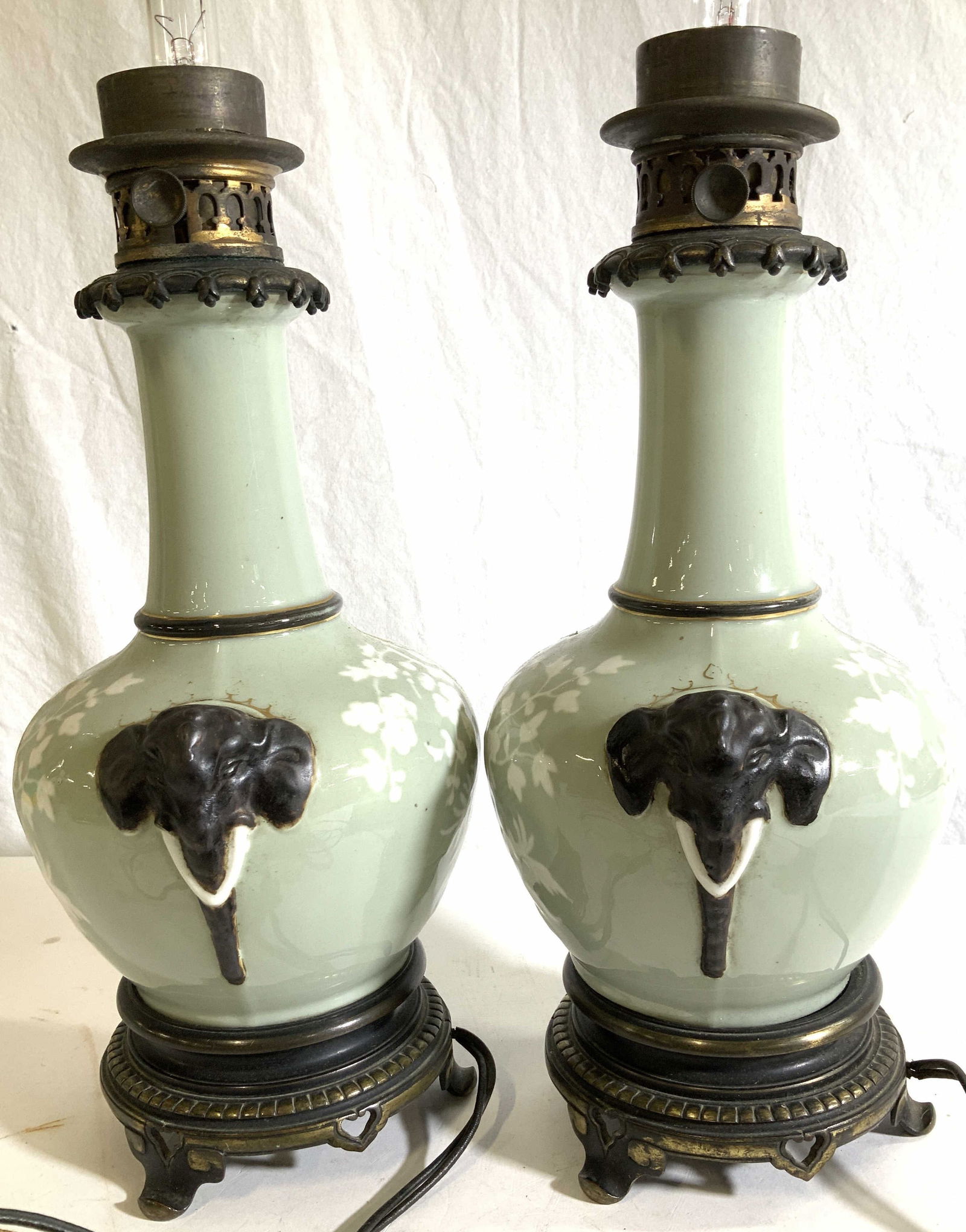 Pair Early 20th C. Porcelain Elephant Oil Lamps (1 of 9)