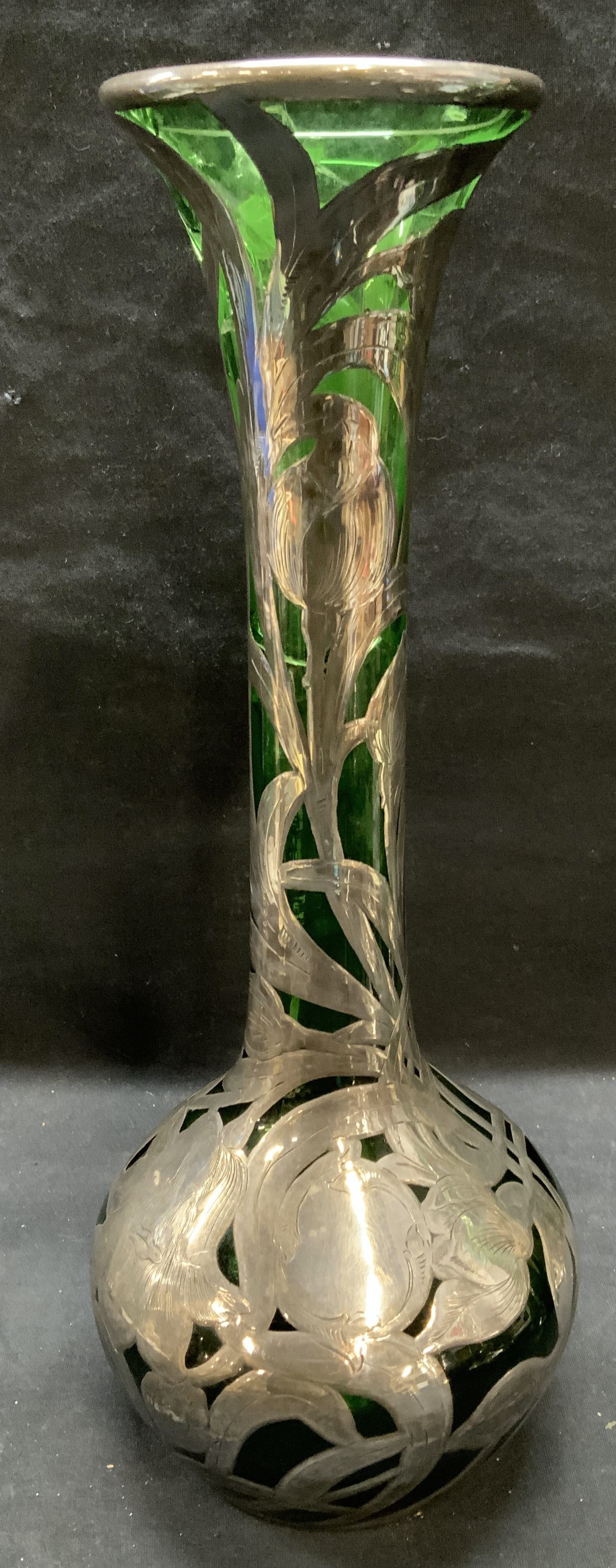 Sterling Silver Overlay Emerald Glass Vase (1 of 6)