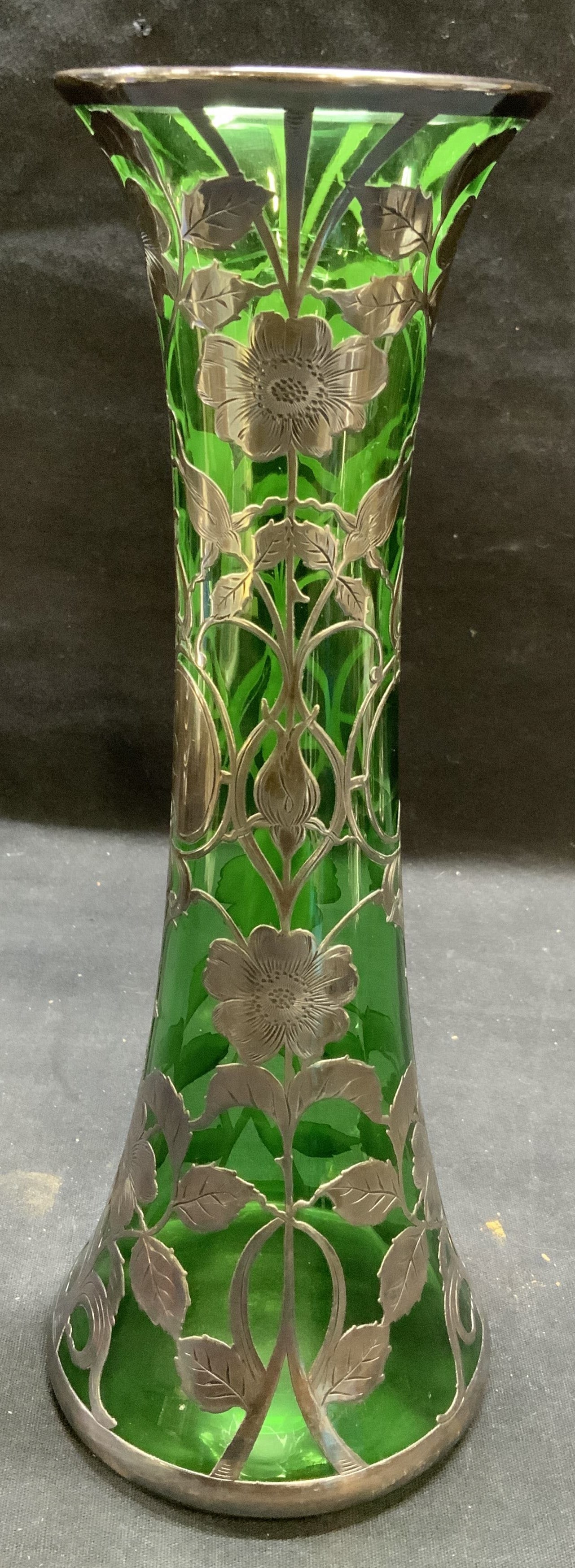 Sterling Silver Overlay Emerald Glass Vase (1 of 8)