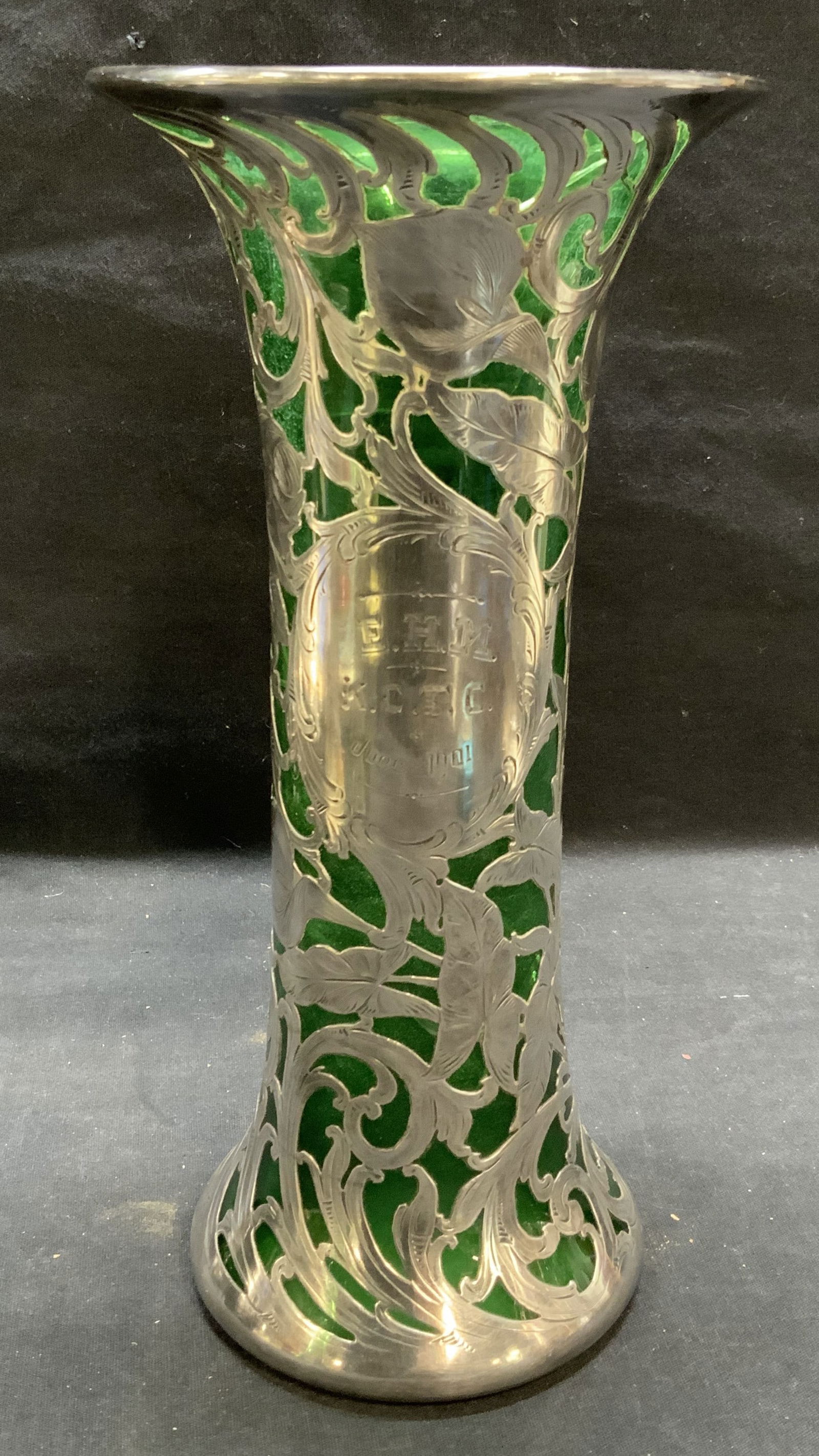 Antq Sterling Silver Overlay Emerald Glass Vase (1 of 7)
