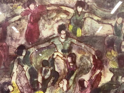 Baruch Agadati Dancing People Lithograph: Lithograph marked B. Agadati 1952 depicting a large forum of people dancing in circles. Framed in white toned wooden frame with off white mat board. Approximately 18.25 x 21 inches window measures 10