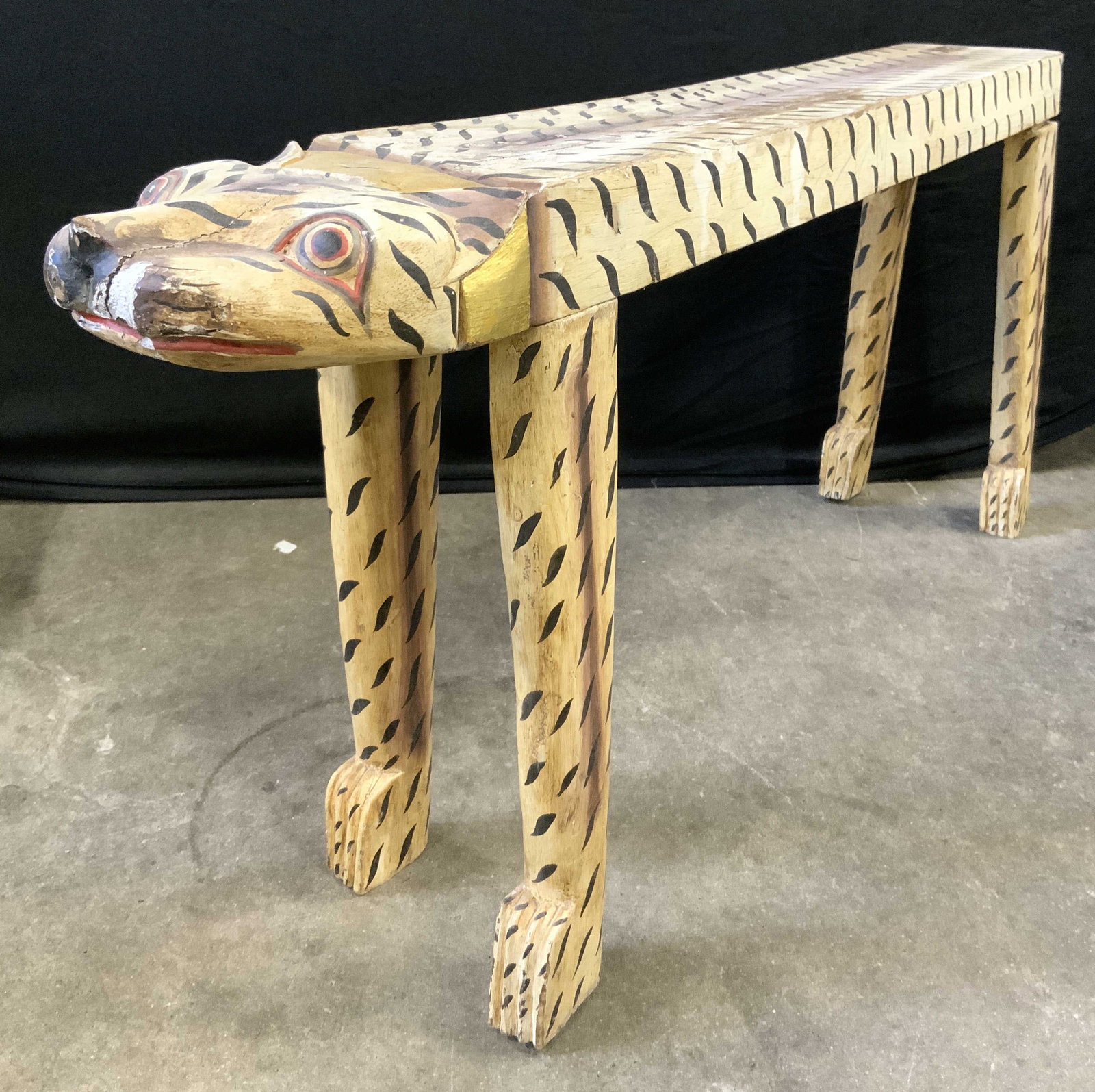 1950s Vintage Tiger Hand Painted Carved Wood Bench: 1950s Vintage Tiger Hand-Painted Carved Motif Wood Bench. Bench is vintage circa 1950s, piece is hand painted with tiger strip & facial detail. Piece is wooden, appears to be hand carved. Measures app