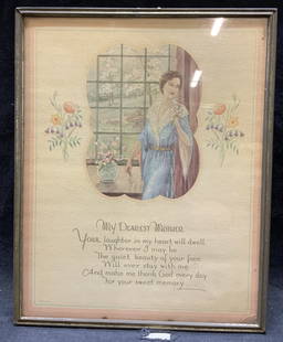 My Dearest Mother Framed Lithograph: Framed memorial My Dearest Mother lithograph. Subject depicts female figure with inscription. Printed in USA. Not examined out of frame. In metal frame, surface wear consistent with exposure. Measures