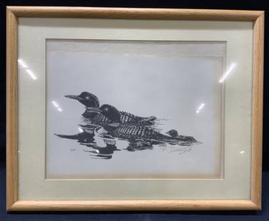 Dewolf Signed Loon Family Lithograph: Signed in lower right corner Tim De Wolf Smith, 4/10 Subject depicts a family of Loon birds on the water Framed in tan toned wooden frame with yellow toned mat board Approximately 15 x 19 inches windo