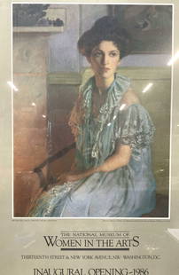 Women In The Arts Exhibition Lithograph: Exhibition lithograph reading The National Museum of Women in the arts, inaugural opening 1986 Depicts lady with a bowl of violets by LILLA Cabot Perry. Framed in silver toned metal frame, approximate