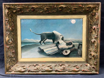 Rousseau The Sleeping Gypsy Framed Lithograph: Lithograph printed on paper, appears to be cut from larger poster, adhered to a canvas with textured gesso over print. Marked in lower right corner Henri Rousseau Subject depicts a sleeping woman amon