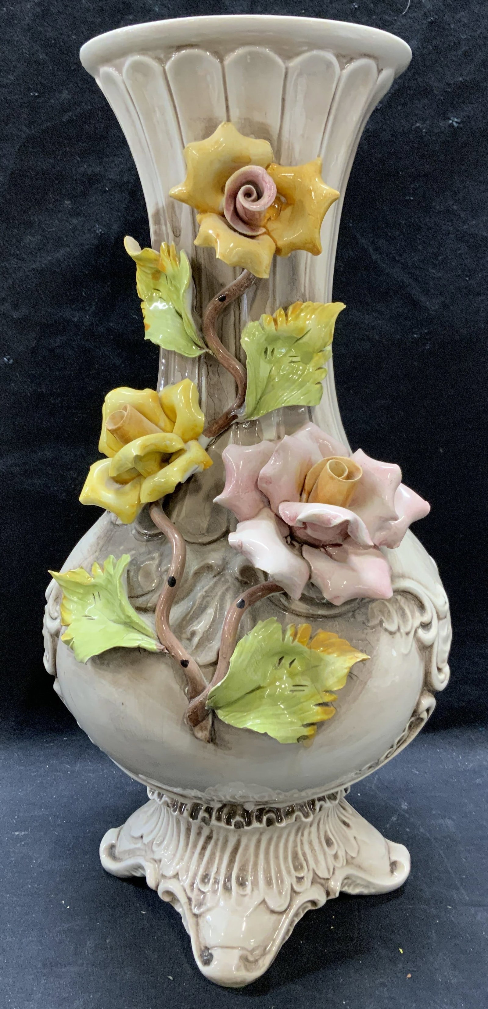 Capodimonte Floral Porcelain Vase Italy: Capodimonte floral porcelain vase. Trademarked to underside. Made in Italy. Some surface wear consistent with exposure. Measures approx. 7.5 x 16 inches. Capodimonte, capodimonte vase, porcelain vase,