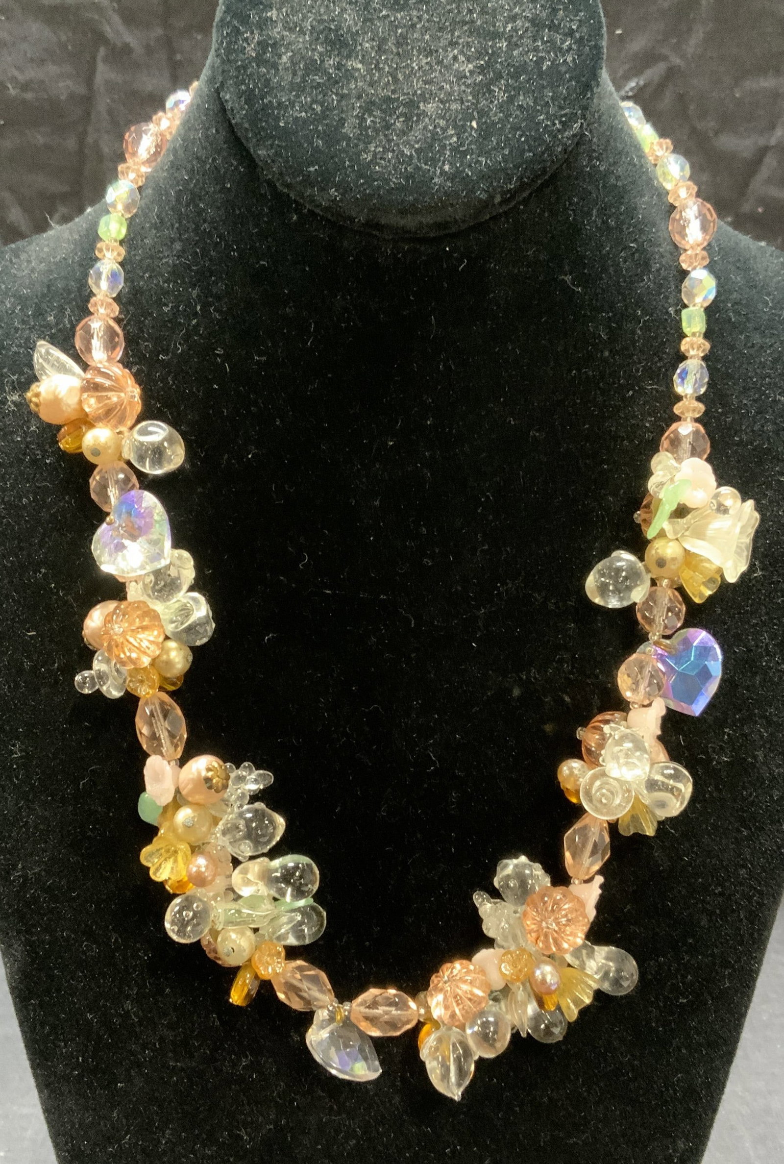 Chunky Crystal & Faux Baroque Pearl Necklace: Chunky crystal and faux pink toned baroque pearl beaded necklace. Barrel clasp. Some surface wear consistent with exposure. Measures approx. 22 inches long. Estate jewelry, costume jewelry, cocktail j