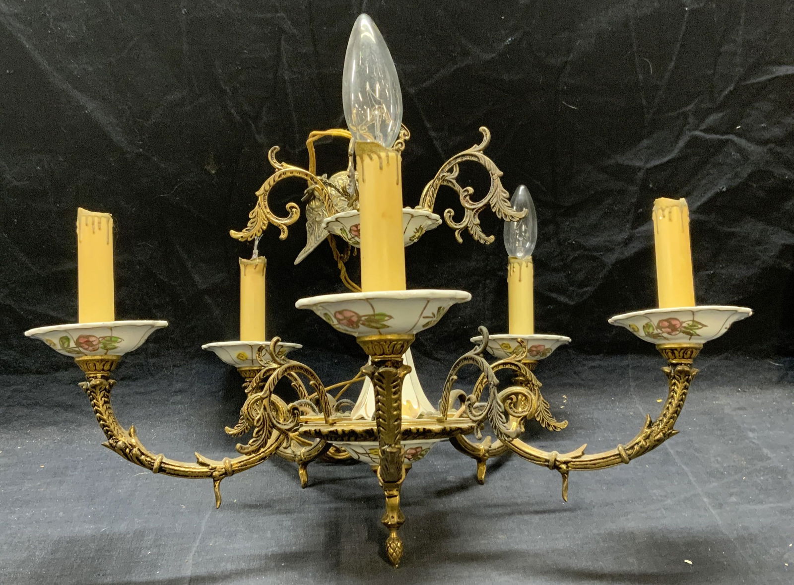 Gilt Brass & Porcelain Chandelier Light Fixture (1 of 9)