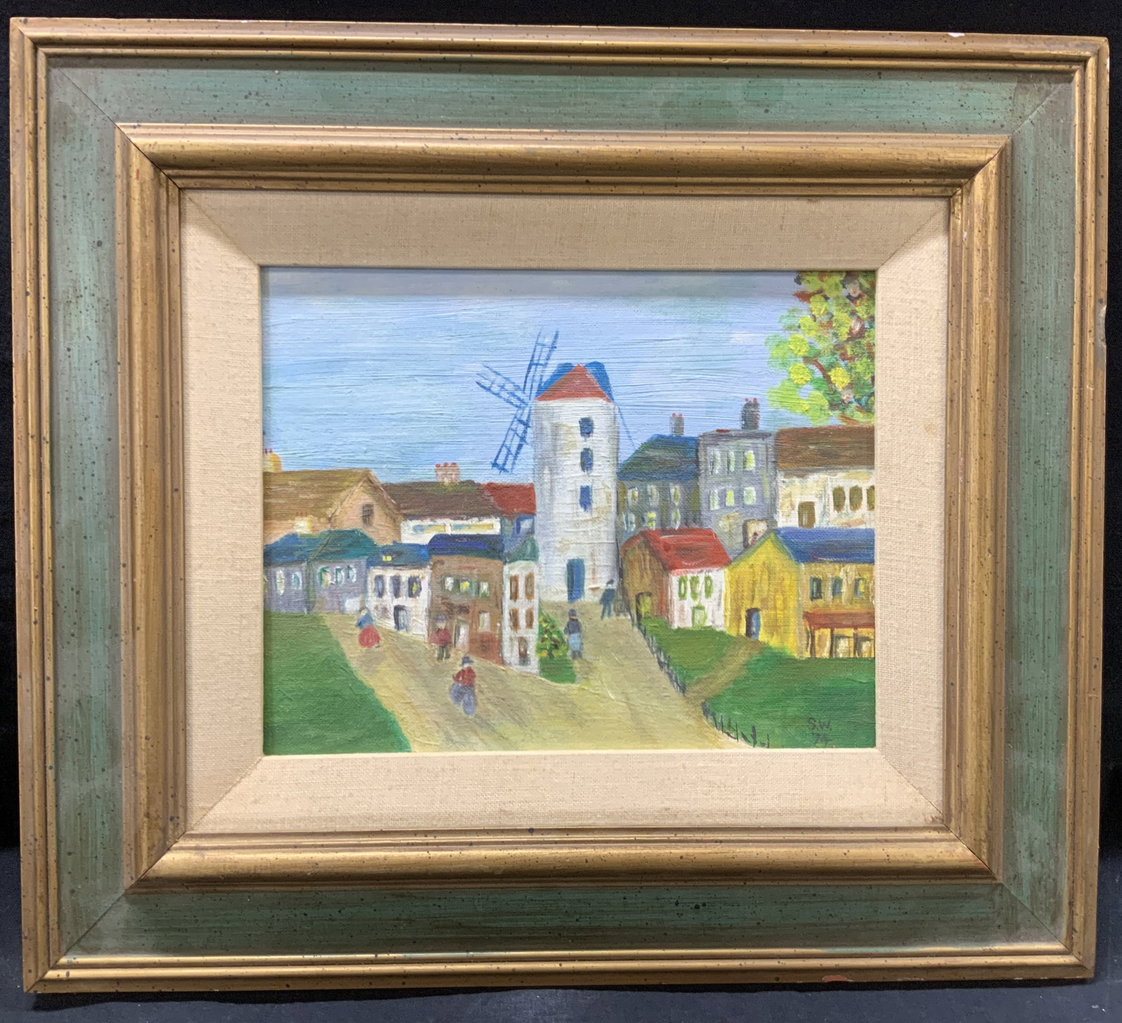 Signed S.W. Cityscape W Windmill Oil Painting (1 of 9)