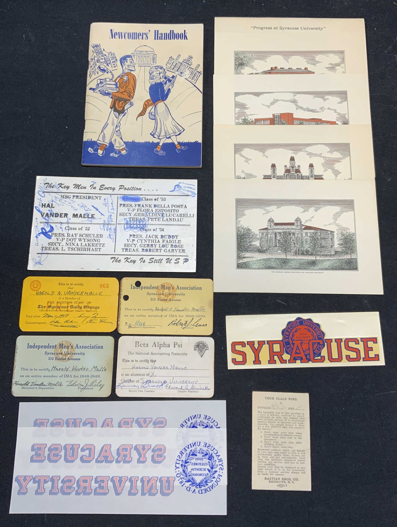 Group Vintage Syracuse University Ephemera: Group lot of vintage 1940s/1950s Syracuse University ephemera. Newcomers Handbook, 4 university architecture lithographs, 4 fraternity and club cards, 3 university sticker decals, class ring envelope,