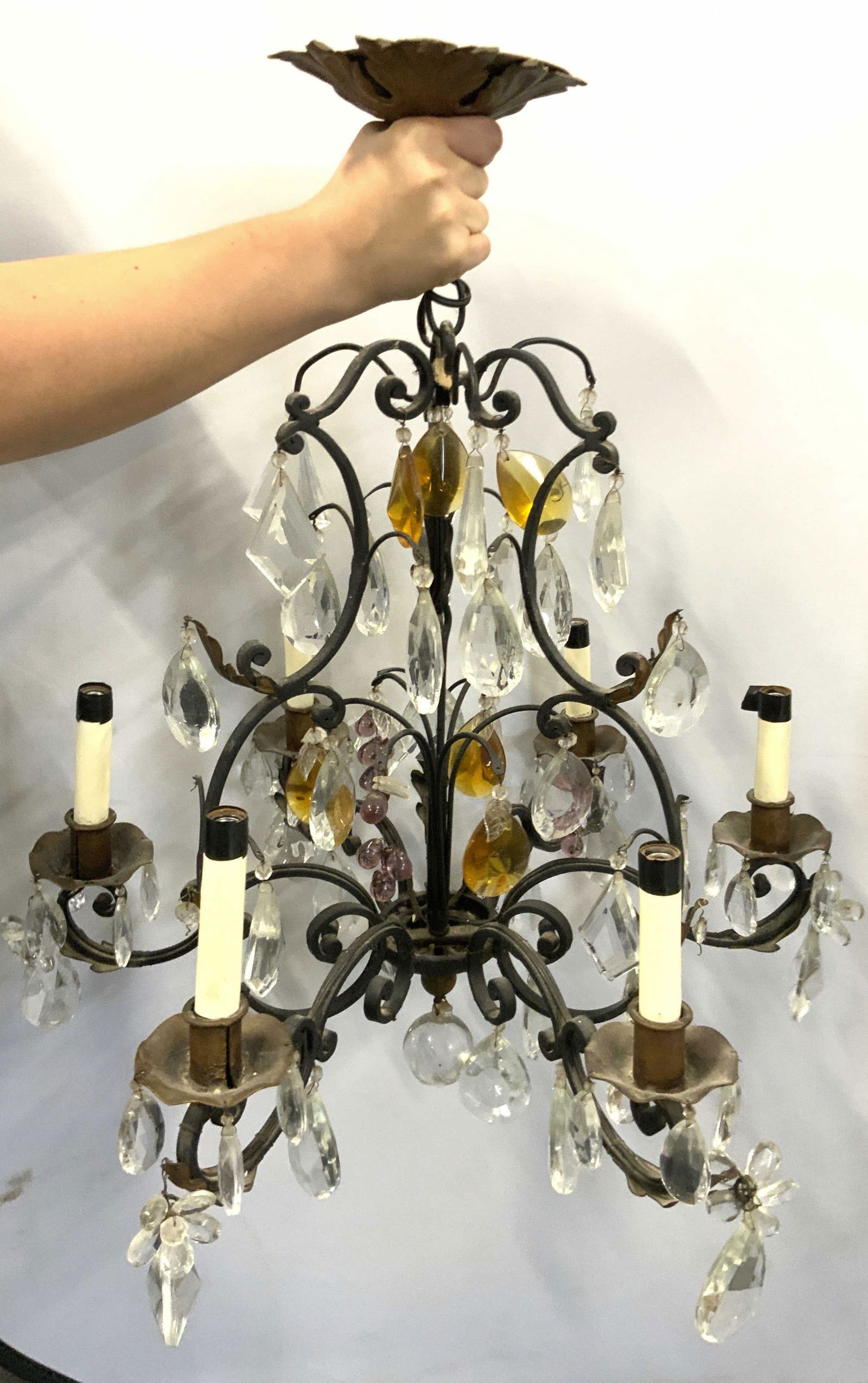 Vintage Iron Crystal Prism Six Light Chandelier (1 of 10)