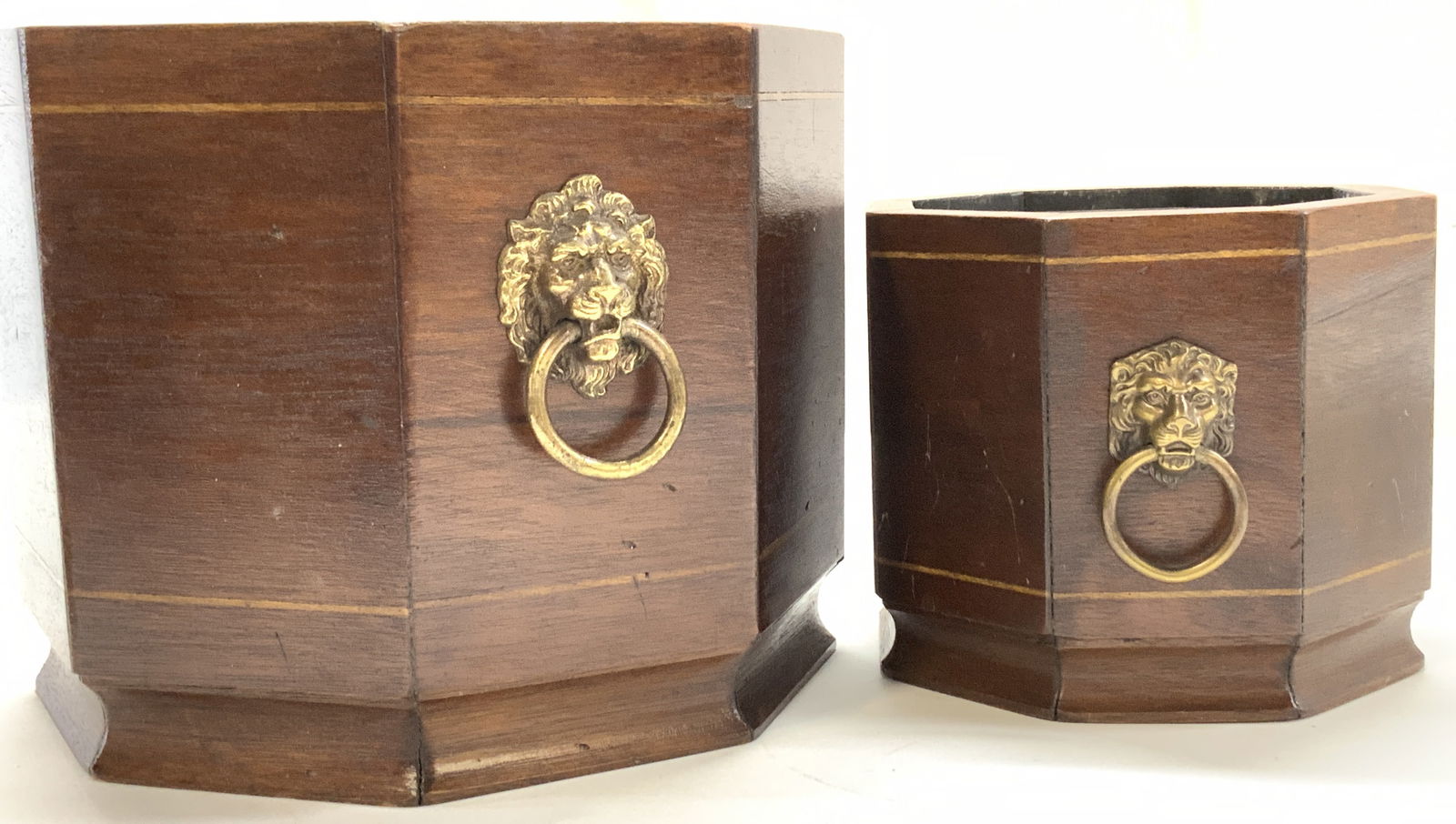 Pr Mid Cent Wood Cachepot w Lion Head Ring Handles (1 of 10)