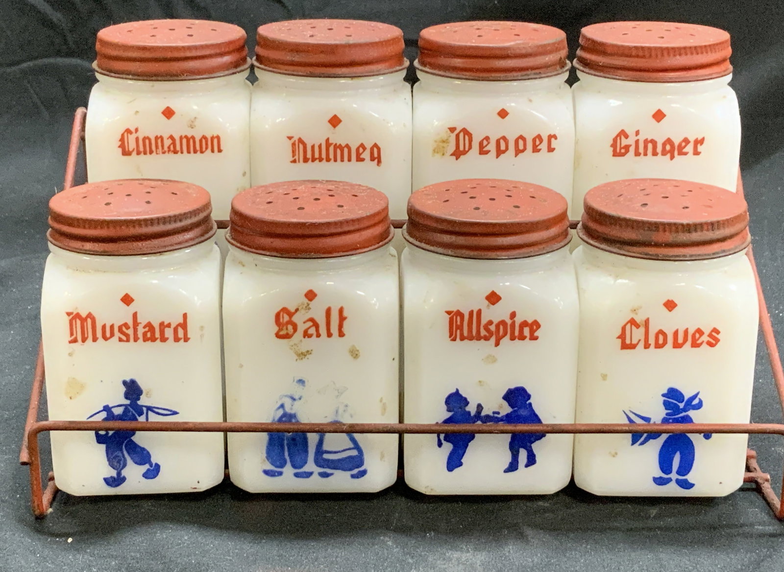 Collectible Milk Glass Spice Jars w Rack, USA (1 of 6)