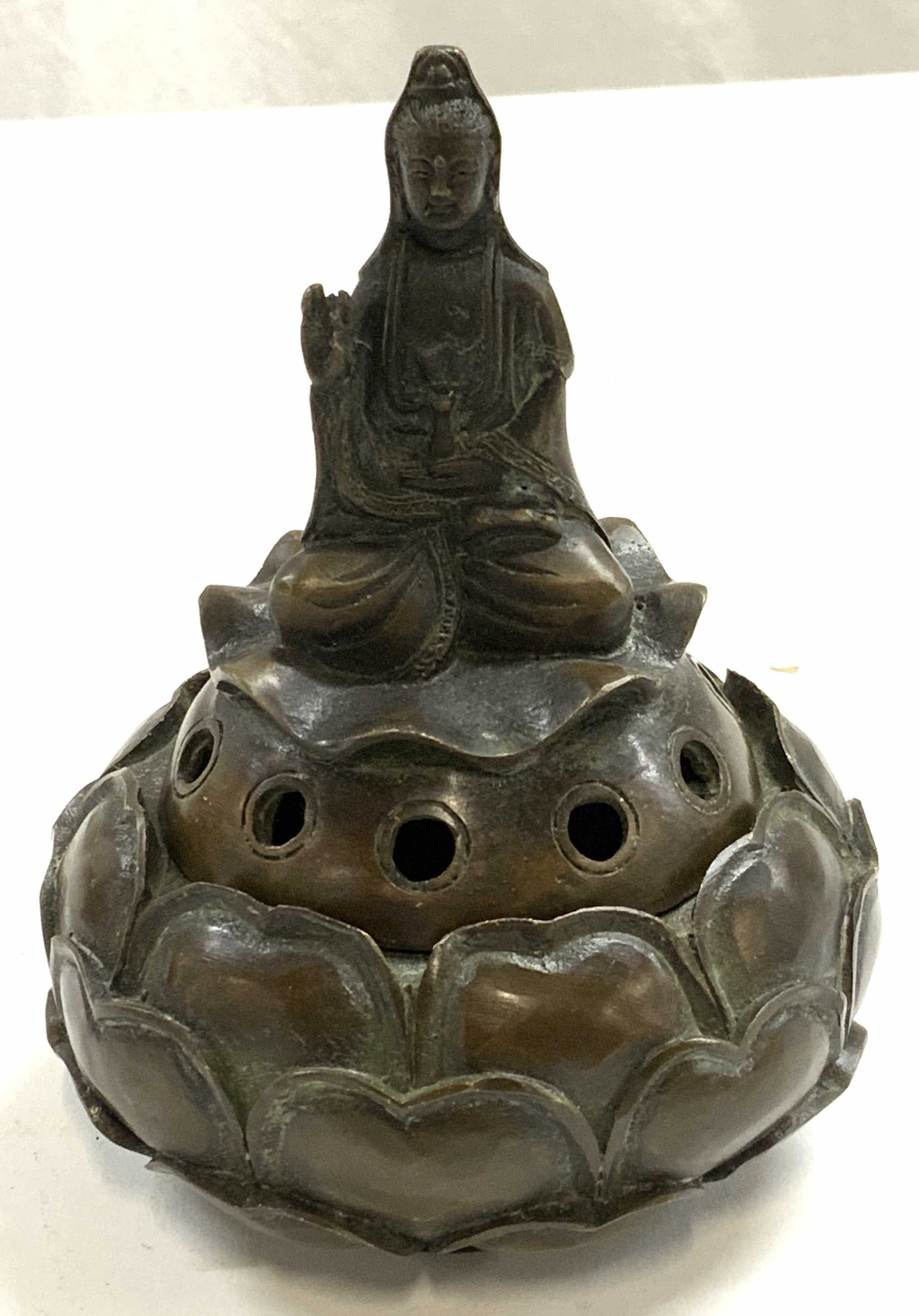 Stamped Chinese Guan Yin Bronze Incense Burner: Stamped Chinese Guan Yin bronze incense burner. Stamped to underside. Some surface wear consistent with exposure. Measures approx. 4 x 5.25 inches. Incense burner, bronze incense burner, guan yin ince