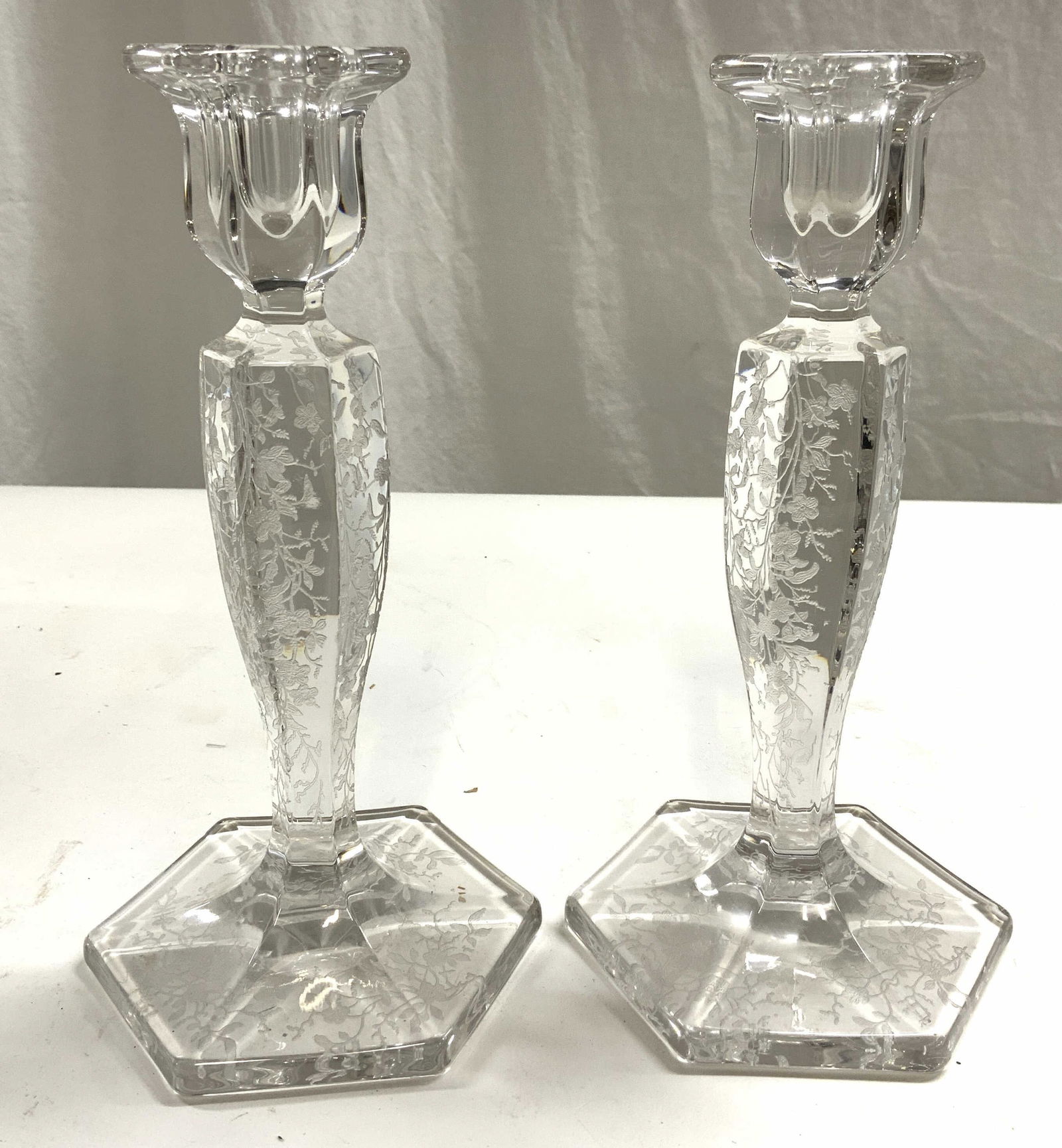 Pair Floral Etched Glass Candlesticks (1 of 6)