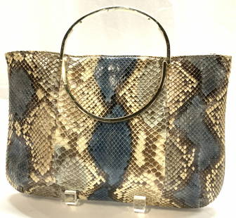 Chic De PARIS Snakeskin Handbag, France: Chic De Paris Signed Snakeskin Handbag/ shoulder bag. Brown, cream and dyed blue- grey scales. Interior taupe leather. Gold tone semi circle handles and flat curd chair strap, drop is 16 in. Snap clos