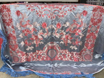 Dong Chong Asian Dragon Silk Tablecloth w Tassels: Light blue, red and white Asian Silk Tablecloth , rectangular shape 52.5 x 70.5 in. Asian Dragon, Shou symbol, Lew- wen clouds, butterflies, Asian florals patterns. Cornflower blue tassel trim.