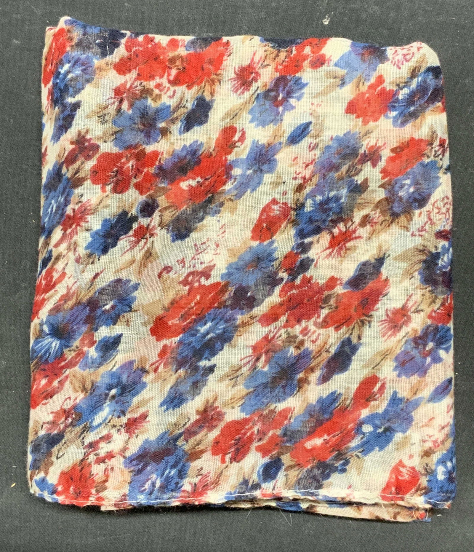 Joy Susan Floral Print Scarf: Joy Susan floral print scarf. 100% polyester, soft hand fabric. Some wear consistent with exposure. Designer label on edge. Measures approx. 72 inches long. Joy Susan, joy Susan scarf, ladies designer