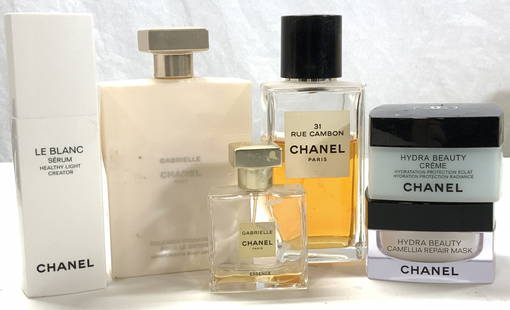 6 CHANEL Beauty Cremes & Perfume, France: CHANEL 31 Rue CAMBON 6.8 fl. Oz. spray Perfume, 3/4 full. Bottle measures 5.5 x 2.25 in. CHANEL Gabrielle Essence spray , minimal amount remaining. Pre owned CHANEL Hydra Beauty Creme and Camellia Rep