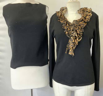 Eileen Fisher, Jones NY Wool/ Rayon Sweaters: Jones New York black rayon/ nylon long sleeve sweater with animal print ruffle shawl collar. Size Med. Eileen Fisher wool Tank sweater size Small. Wearbles, Sweater, designer Eileen Fisher, Designer J