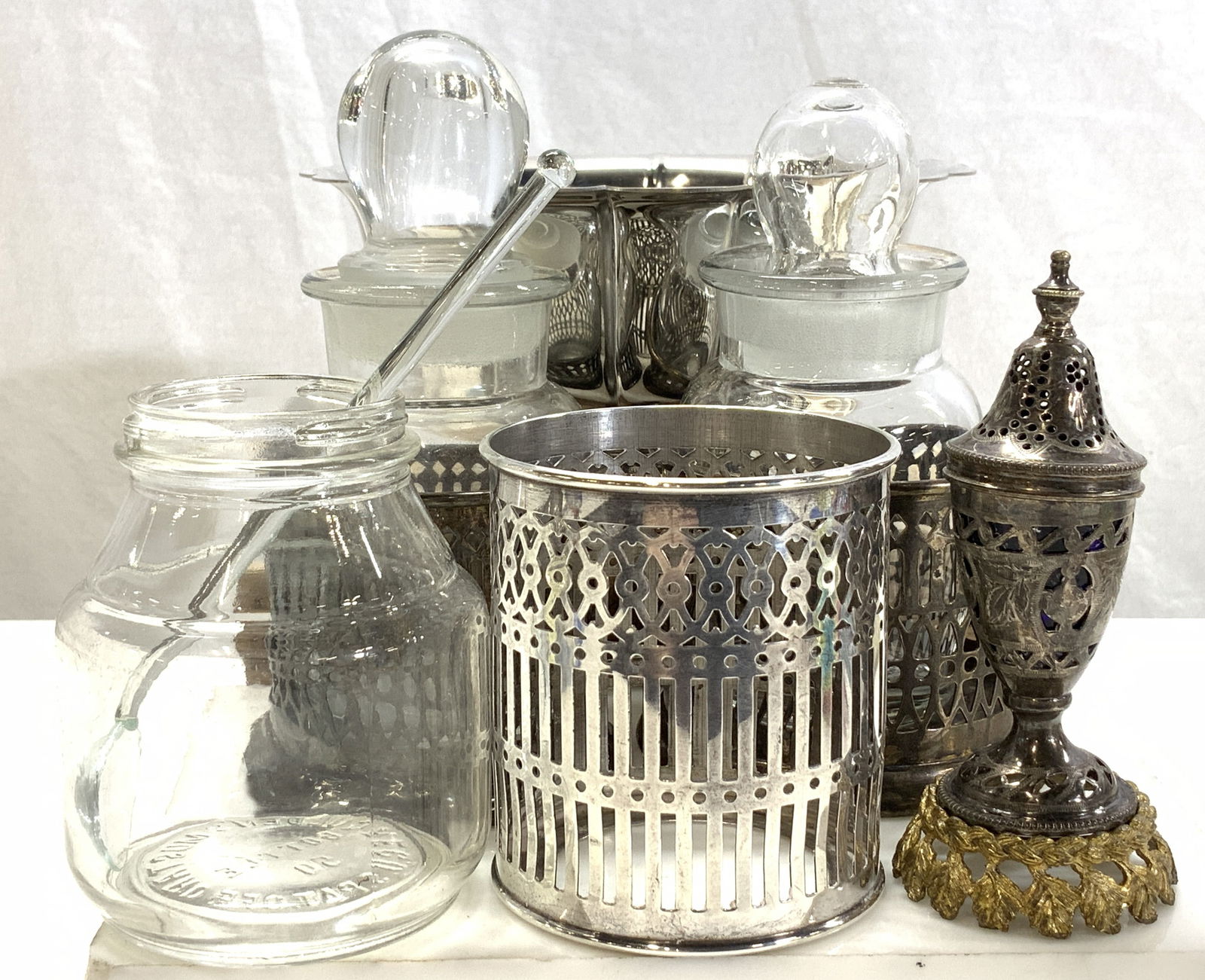 Grp 9 Sterling Sil, Pumfrey Sterling Salt Cellar: Mixture of sterling silver, silver plate, and glass jars with stoppers. Signed Pumfrey Salt cellar urn with cobalt glass insert, has impressed hallmark and tests positive for sterling silver . Sterlin