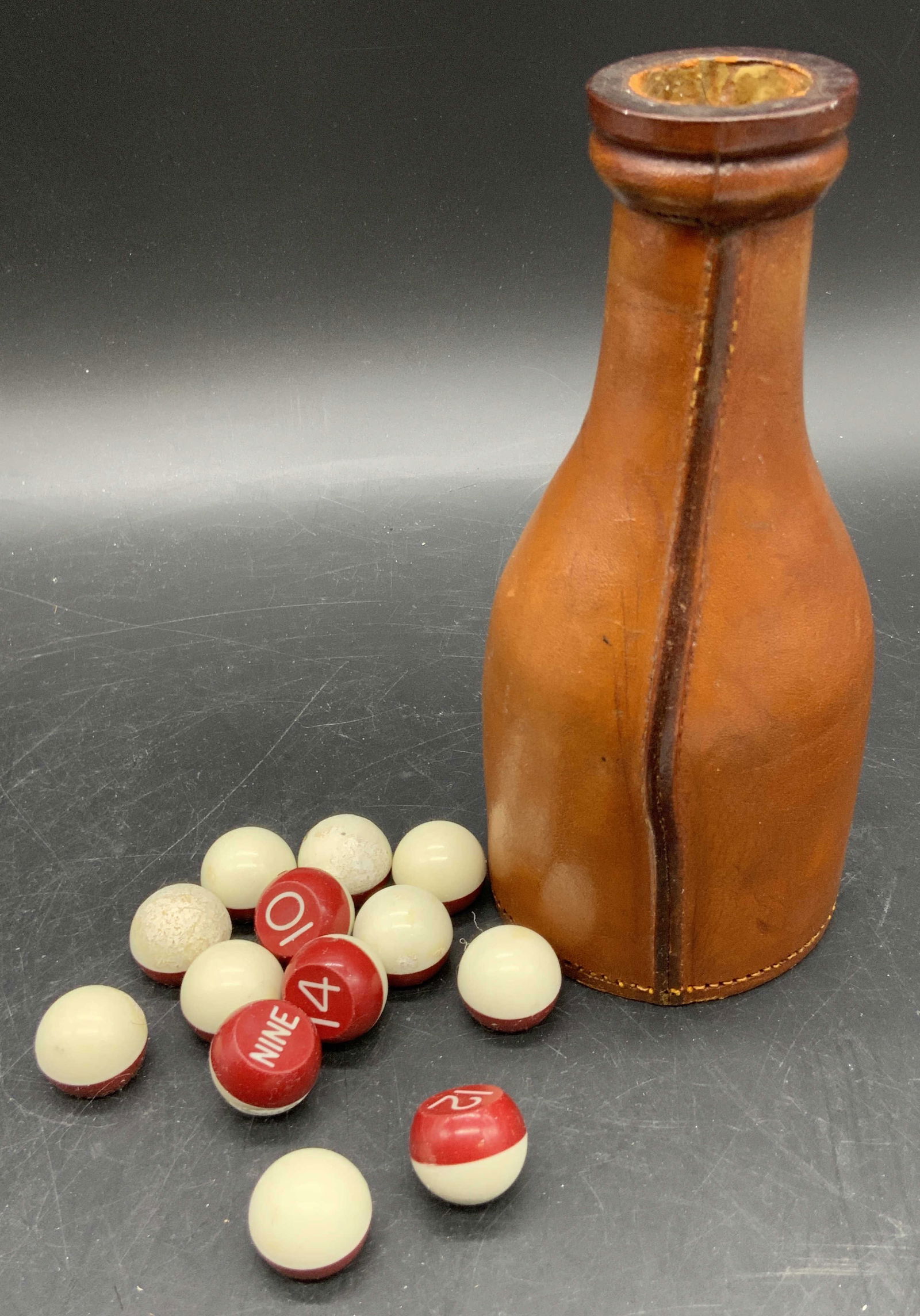 Vintage Leather Bottle W/ Composite Numbered Balls (1 of 15)