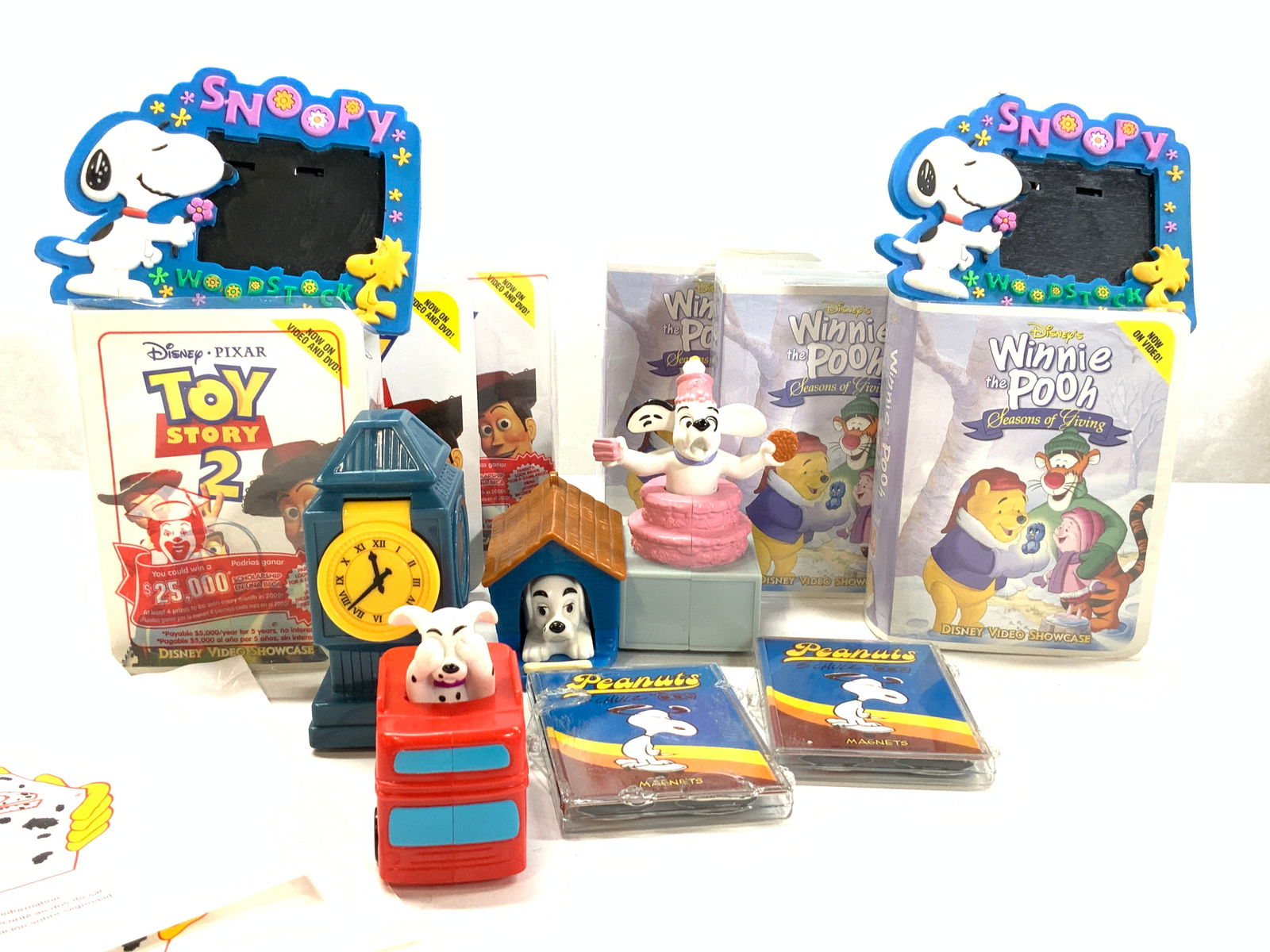 Toy Story, Winnie Pooh, Disney, Peanuts Toys 12: 12 Collectible Toys and Accessories, all new in box or new never used without box. McDonalds Happy Meal Toy Story 2 and Winnie The Pooh Figurine Toys , 3 of each , along with other Disney toys on whee
