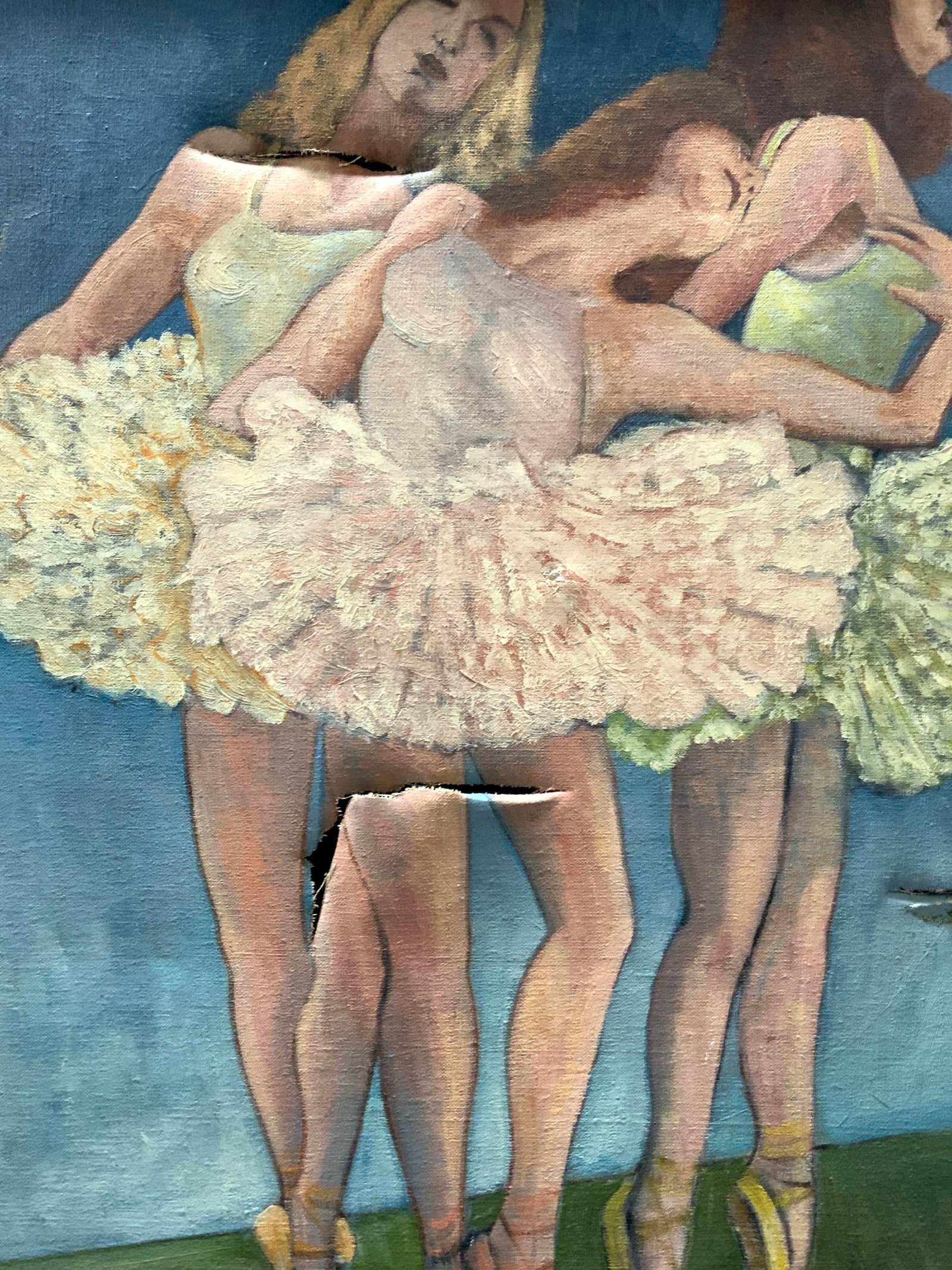 A.H.Okon Signed Ballerina Oil Painting, 1942: Signed on lower right corner A.H.Okon 1942 Depicts three ballerinas in different poses Framed in Greg toned wooden frame, approximately 29.5 x 24.5 inches window measures 25.5 x 20,5 inches. Evident t