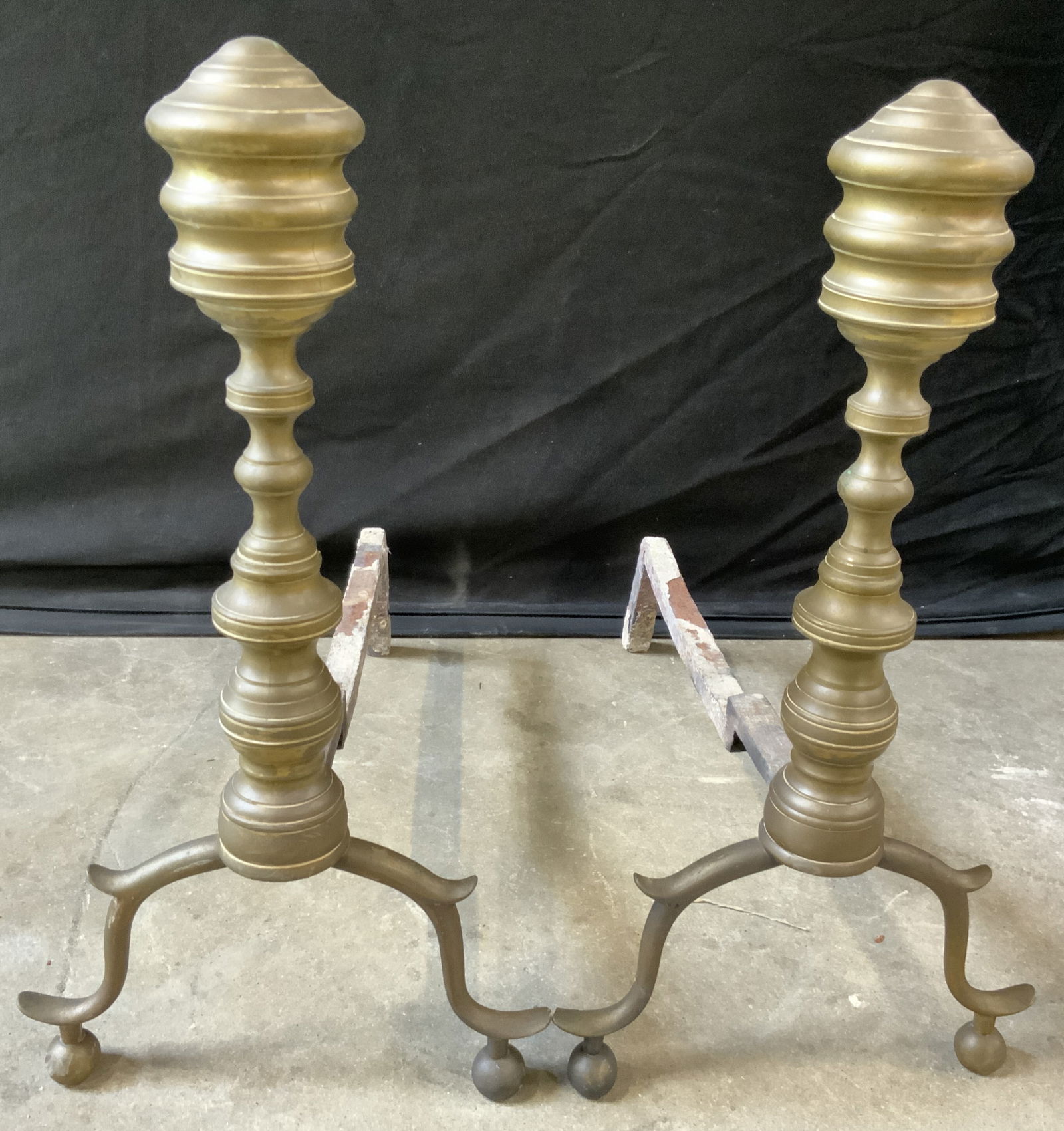Pair Antique Turned Brass & Iron Andirons (1 of 11)
