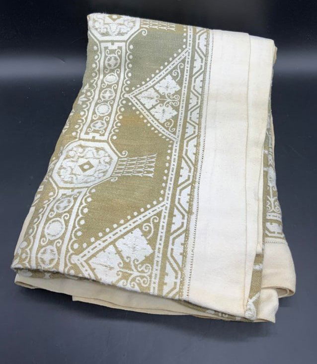 Vintage Green & White Patterned Tablecloth: Off white and green hued patterned square form tablecloth. Measures approx. 60L x 58W in. OBER stamped to one corner in black. Some discoloration and surface wear present. Collectibles, Linens, textil