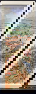 Watercolor Latin American Landscape: Latin American village landscape in watercolor depicting a white clay building town with people seated by a rocky wall near a stream and green hills in the distance. Framed in white wooden frame. Appr