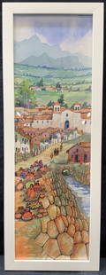 Watercolor Latin American Landscape: Latin American village landscape in watercolor depicting a white clay building town with people seated by a rocky wall near a stream and green hills in the distance. Framed in white wooden frame. Appr