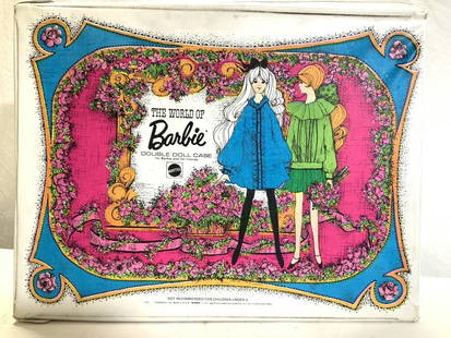 BARBIE Double Doll Carry Case, Access. 1968: Oversized Mattel Barbie Case, c. 1968. Titled The World of Barbie Double Doll Case for Barbie and her friends. Lock latch and carry handle. 13.5 x 17.5 x 3.5 in. Includes 1966 Mattel Doll ( marked on