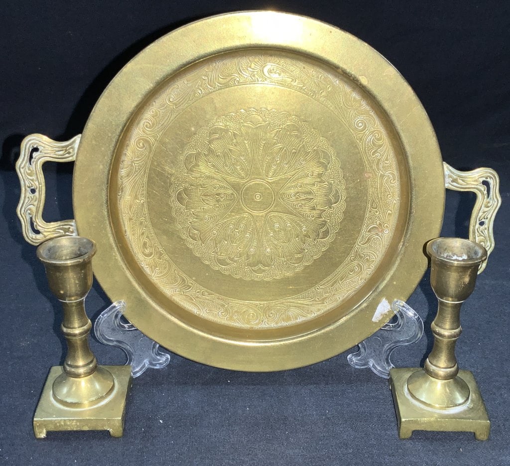 3 Etched Brass Trinket Dish & Candle Holders (1 of 9)