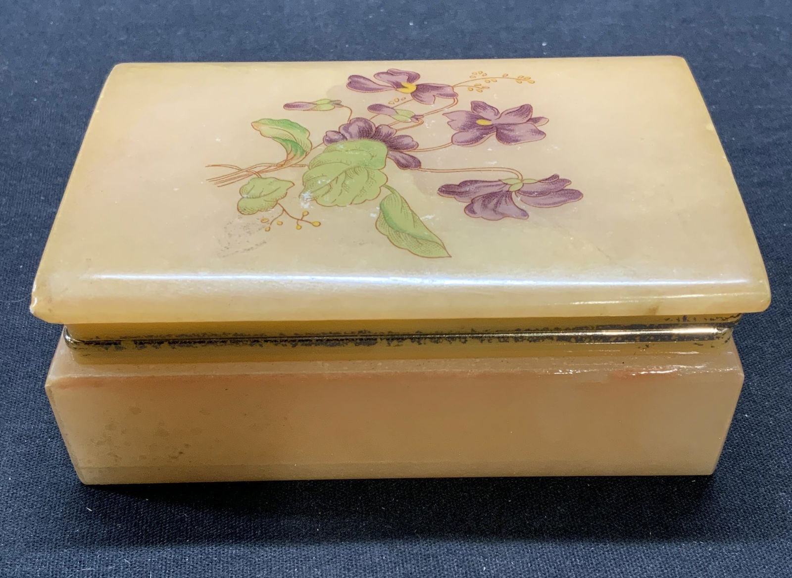 Carved Alabaster Jewelry Dresser Box, Italy: Carved alabaster jewelry /dresser box with floral motif. Marked made in Italy to underside. Some surface wear consistent with exposure. Measures approx. 4.25 x 2.75 x 1.75 inches. Jewelry box, dresser