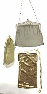 Whiting & Davis Metal Chain Mail & Mesh Purses: Group of 3 purses, 2 vintage Victorian chain mail purses, 1 contemporary metal mesh purse.,Brass WHITING AND DAVIS hallmarked mesh chain mail purse/ Victorian dancer’s bag wristlet. Chased floral de