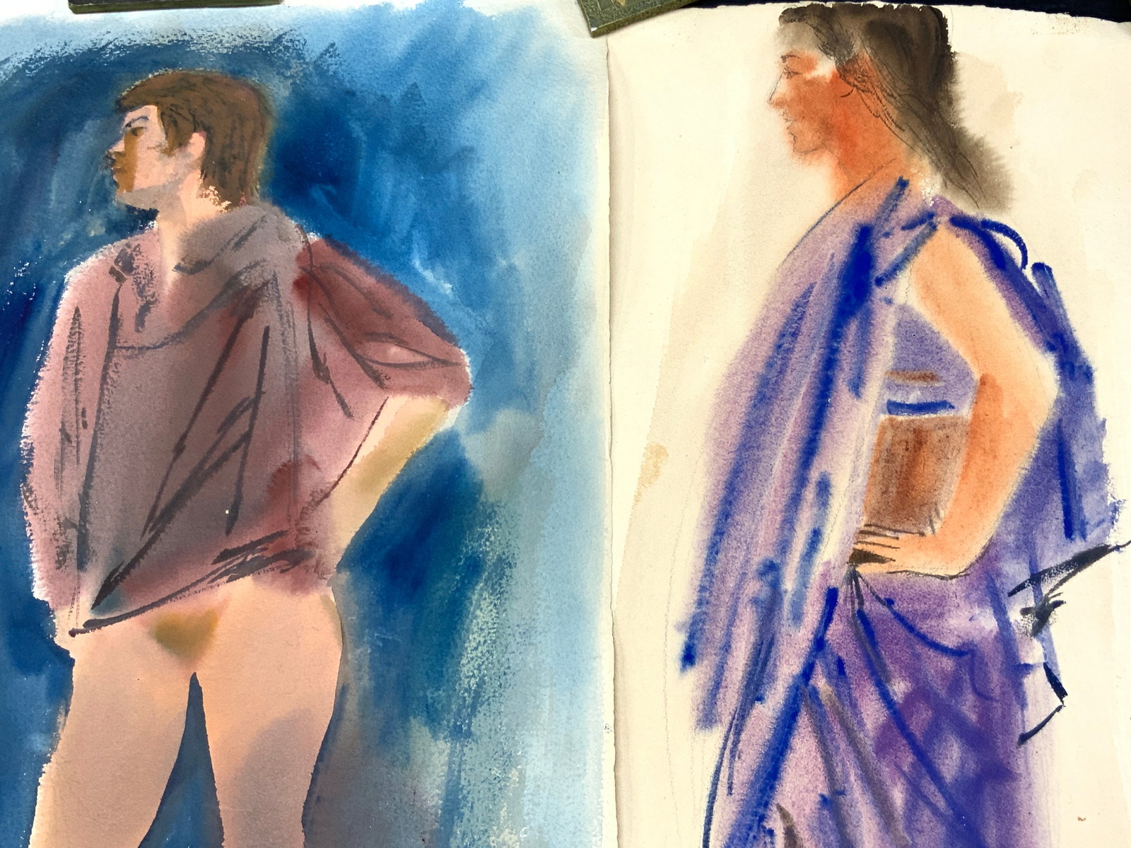2 Arthur Seiden Signed Watercolor Figure Paintings: 2 watercolor figure paintings. 1 signed Art Seiden, double sided depicting nude male figures. The other is signed Arthur Seiden and depicts a standing woman in a purple Sari dress. No frames. Approxim