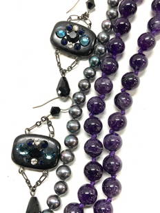 Amethyst Bead Necklace, Tahitian Pearl Bracelet, 3: Luxury amethyst round beaded necklace, double knotted. 38 amethyst stones, all approx 9 mm. Test positive for amethyst on gem tester. large c -spring clasp, 17 in. L, Approx 6.5 in. drop, 288 ctw Tahi