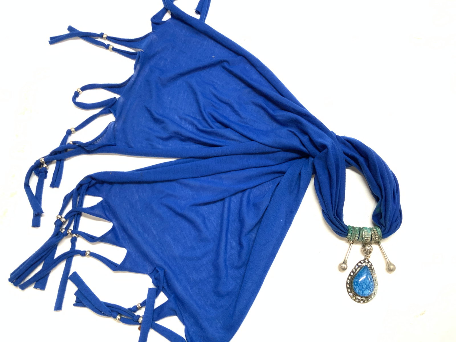 Bohemian Jersey Fashion Accessory W Pendant: Belt/ scarf / up cycle accessories. Royal blue cotton jersey garment with dangling faux stone ornament. Silver tone accessories have heavy discoloration/ oxidation. Garment has end tassels with silver