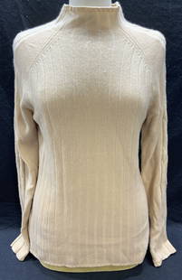 Beige Cashmere Knit Sweater: Beige cashmere knit sweater. Measures approx. 18 inches across chest. Some wear to material consistent with exposure. Ladies sweater, ladies cashmere sweater, ladies beige sweater, ladies knitwear, la