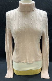 Votre Nom Pink Silk & Cashmere Sweater: Votre Nom pink cable knit turtleneck sweater. Silk and cashmere blend. Size XL. Some wear to material consistent with exposure. Votre nom, Votre nom sweater, ladies designer sweater, ladies designer c