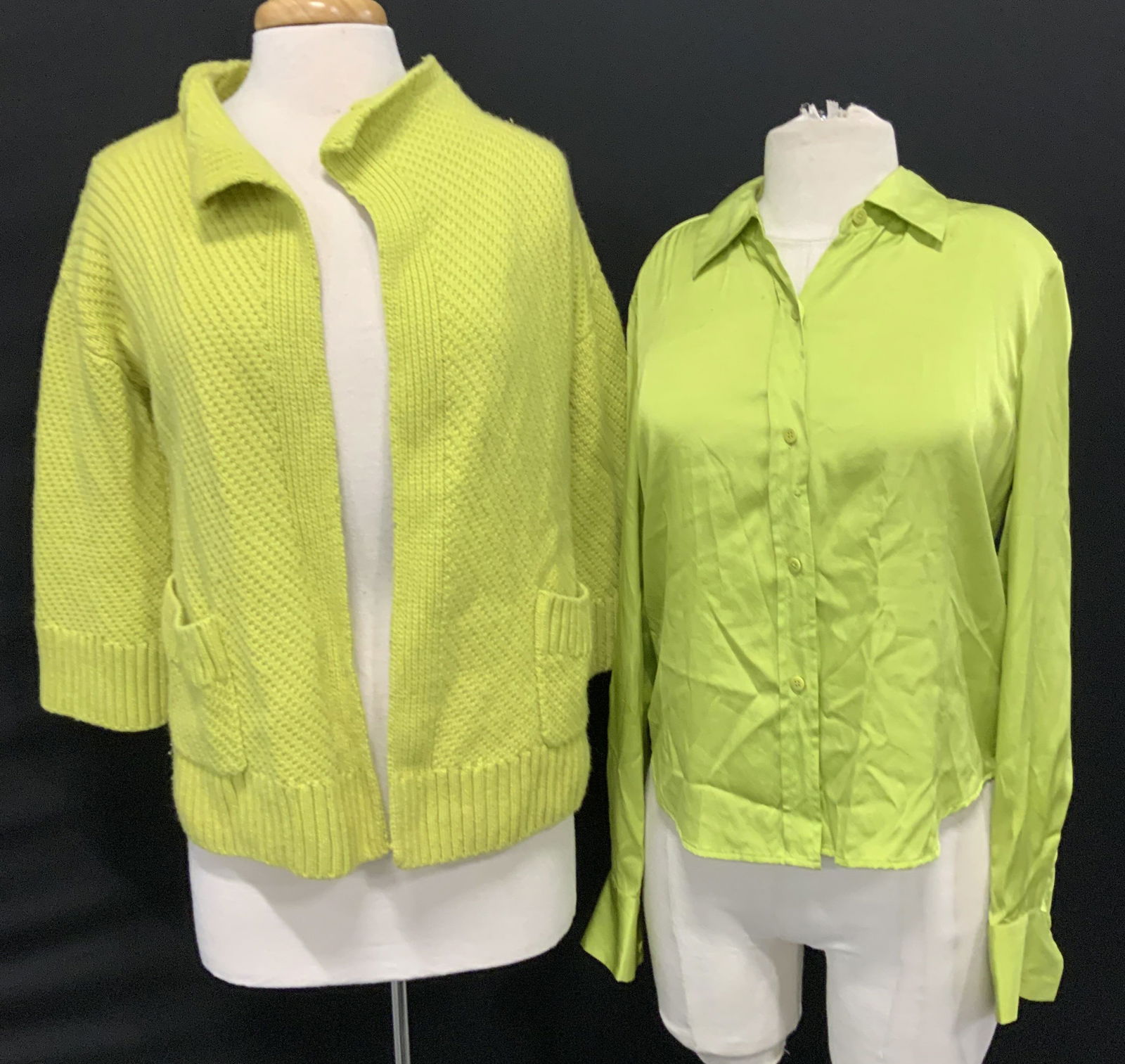 DKNY Silk Blouse, VITTADINI Wool Cardigan: Adrian Vittadini chartreuse Wool/ Cashmere cardigan ( 73%/27% cashmere) size XS . DKNY chartruese long sleeve blouse, 93% silk, 7% spandex. Buttons and snaps. Size 6 . Light wear, light blemish here a