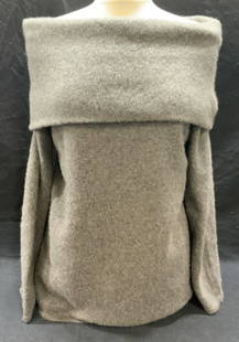 Grey Off Shoulder Sweater: Grey off the shoulder sweater. Soft hand material possibly wool or cashmere. Measures approx. 21 inches across chest. Some wear to material consistent with exposure. Ladies sweater, ladies grey sweate