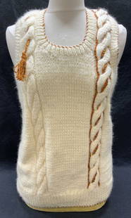 Yanick Audant White Wool Sweater: Yanick Audant hand made white cable knit wool sweater. Measures approx. 17 inches across chest. Some wear to material consistent with exposure. Yanick Audant, Yanick Audant sweater, ladies designer sw