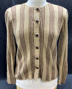 Brown Striped Knit Cardigan Sweater: Brown striped knit cardigan sweater. Material feels like wool. Measures approx. 17 inches across chest. Some wear to material consistent with exposure. Ladies sweater, ladies cardigan, ladies brown sw