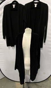 Lot 3 Matty M Black Cardigan Sweaters: Lot of 3 Matty M black cardigan sweaters. All size L. Acrylic, nylon, and cotton blend and polyester. All pieces have some wear consistent with exposure. Matty m, Matty m sweater, ladies designer swea