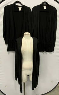 Lot 3 Matty M Black Cardigan Sweaters, Plus Size: Lot of 3 Matty M black cardigan sweaters. 2 size XL and 1 size XXL. Acrylic, nylon, and cotton blend. All pieces have some wear consistent with exposure. Matty m, Matty m sweater, ladies designer swea